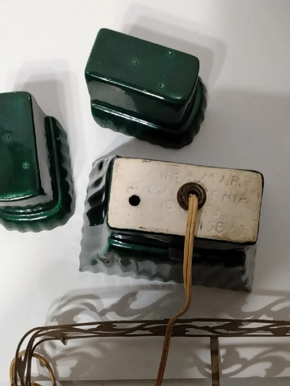 Green Glazed Ceramic Planter Trio with Gold Metal Holder